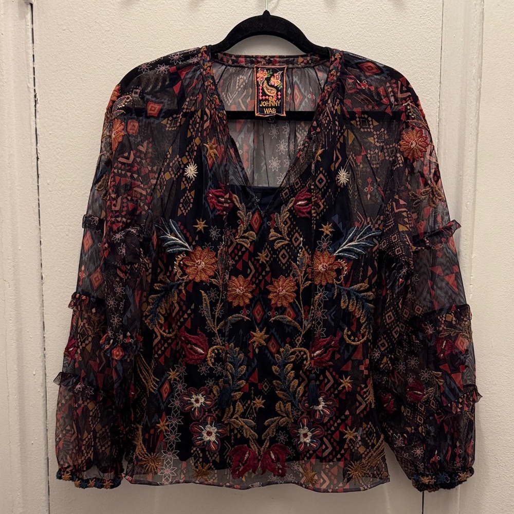 Johnny Was Mesh Embroidered Blouse